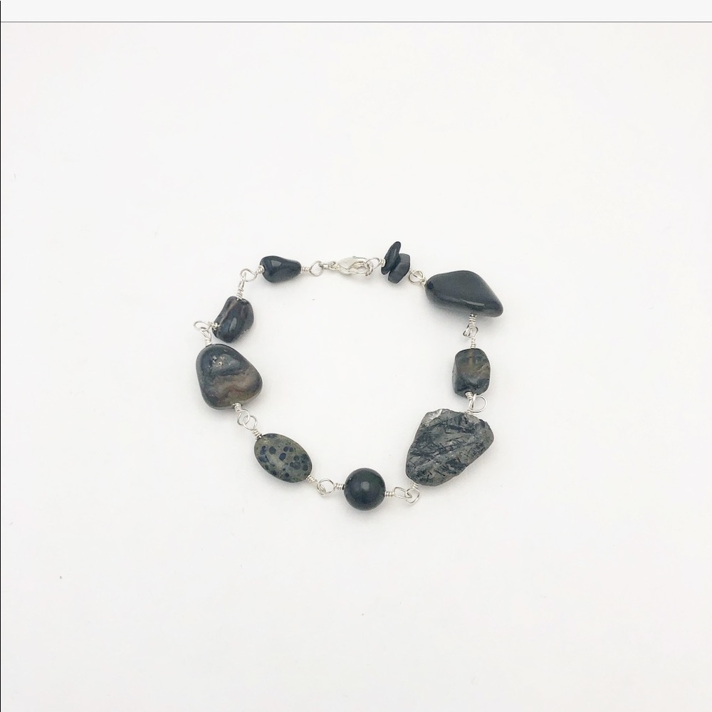 NEW SILVER & BLACK NATURAL STONE BRACELET
